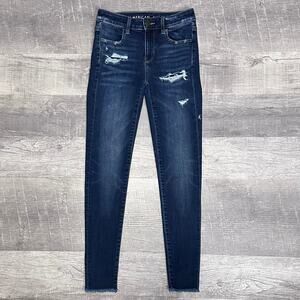 American Eagle AEO Dark Wash Jegging Jeans Womens 0 Reg High Rise Ripped Raw Hem